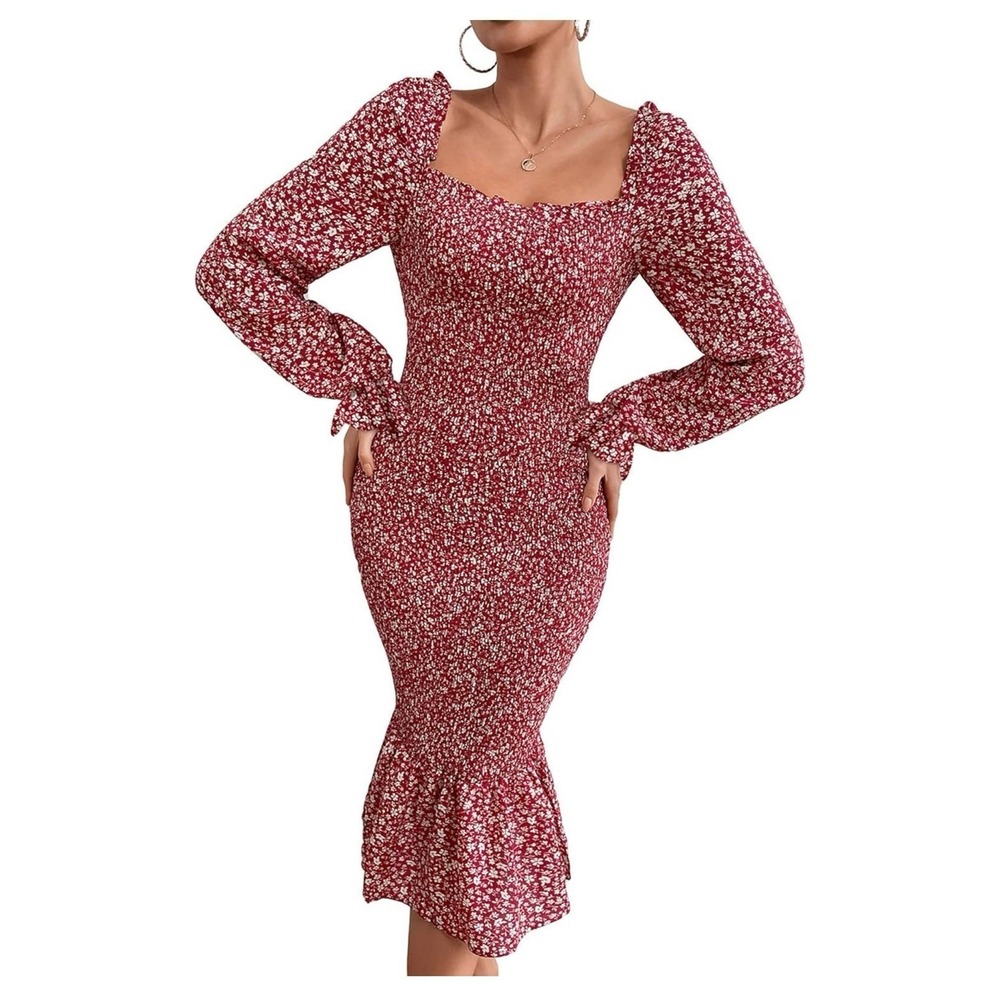 Prettygarden Ditsy Floral Smocked Mermaid Midi Dress Long Sleeve Square Neck 2XL